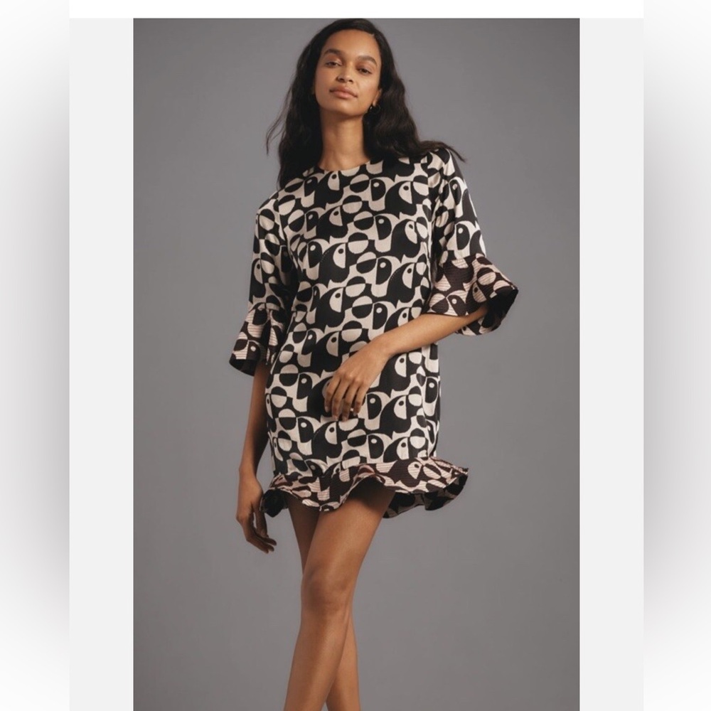 NWT Farm Rio x Anthropologie Geo Dress Black & White Abstract Ruffle Size M